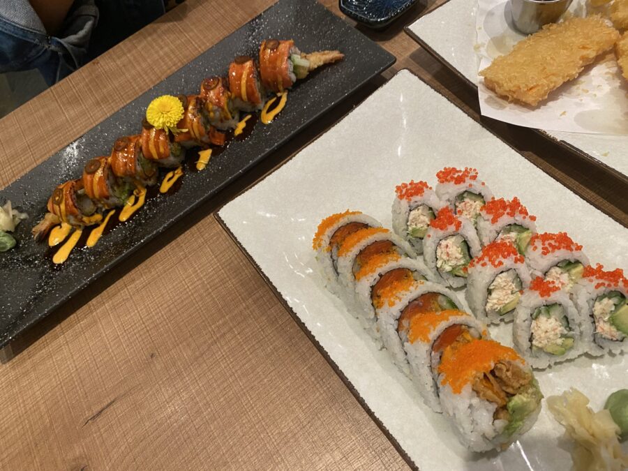 A couple of plates of sushi rolls from Tom Sushi in Vancouver, BC.