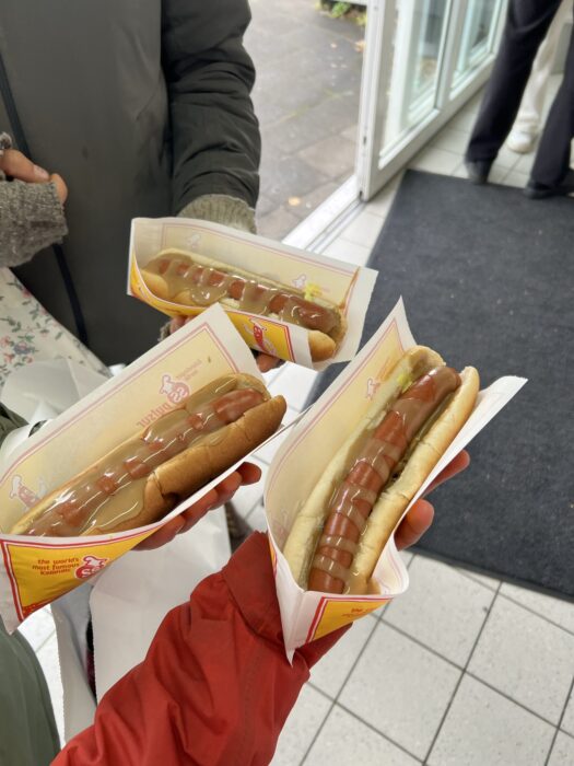 3 hotdogs in buns with sauce on them, a must try food on a trip to Iceland!