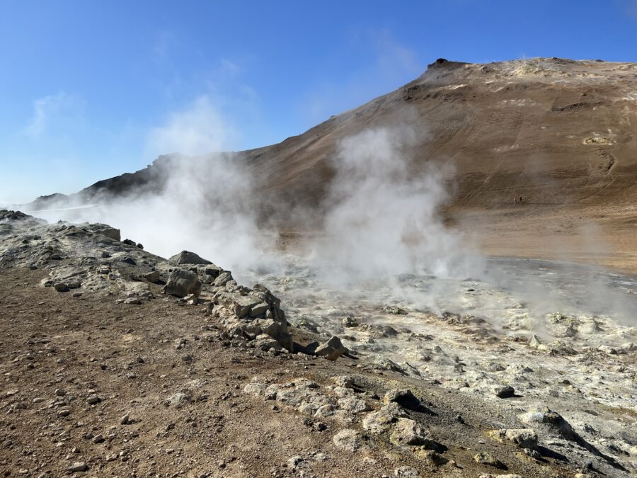 Steam rising from the ground in Námaskarð geothermal area in Iceland.