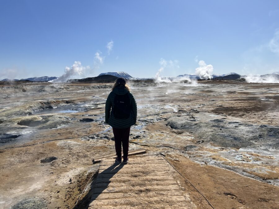 A barren landscape with small pools of bubbling water and steam coming from the ground all over the place. A women is in the foreground looking out over the scene. 