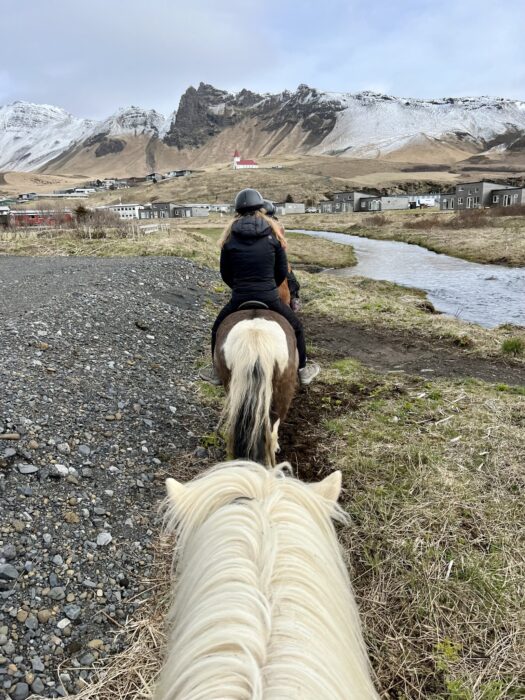 You can see a horses head from the angle of the rider with two more horses and riders in front. The background has snowy mountains, buildings including a church on a hill with a red roofs, and a river. 