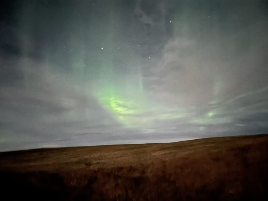 A grassy field with a somewhat cloudy ski with green lights filling the sky. 