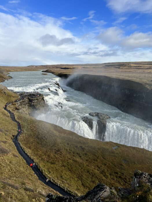 A photo of Gullfos Waterfall in Iceland, pictured from above. 