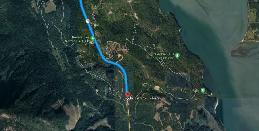 A screenshot of google maps directions to Mexico beach in Revelstoke