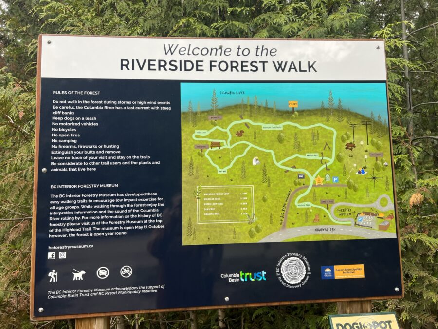 An information board with a map, that says "Welcome to the RIVERSIDE FOREST WALK" at the top