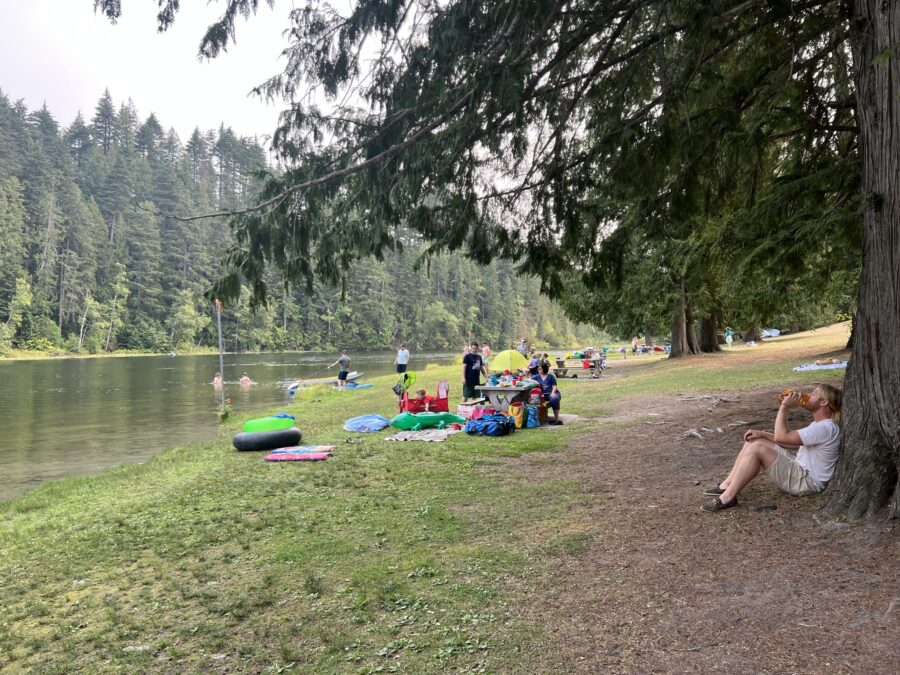 Williamson Lake Beach viewed from the other angle. People can be seen sitting at picnic tables, swimming in the water, and one person is leaning against a tree drinking water. 