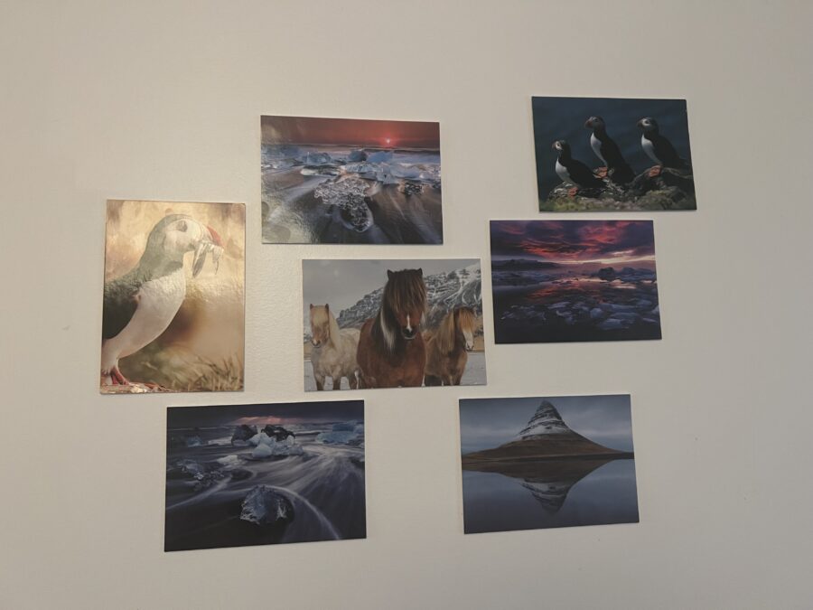 A collage of 7 postcards from Iceland, including one with horses, 2 with puffins, 3 of diamond beach,  and one of Kirkjufell mountain