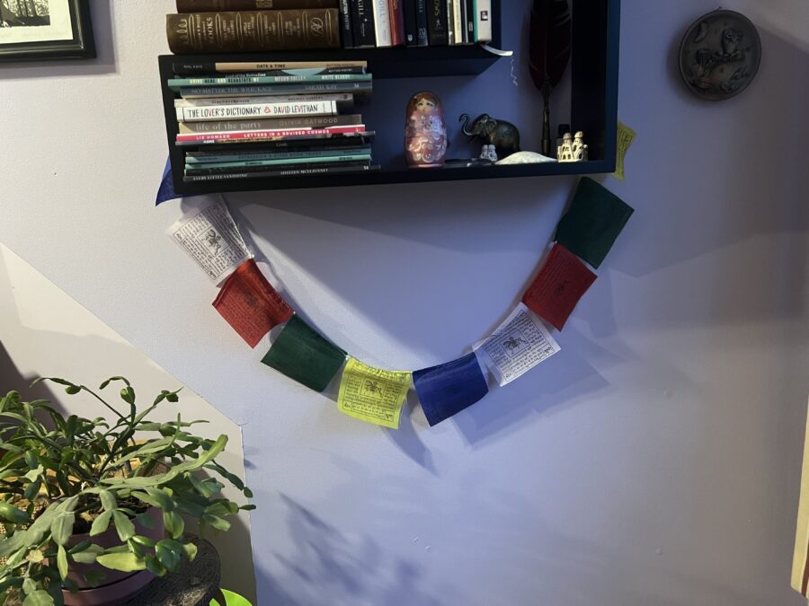 Tibetan prayer flags handing below a book shelf on the wall. 