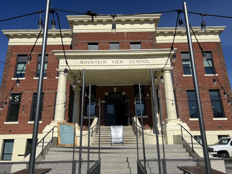 Outside of the old Mountain View School building in Revelstoke which now holds the Old School Eatery, among other things