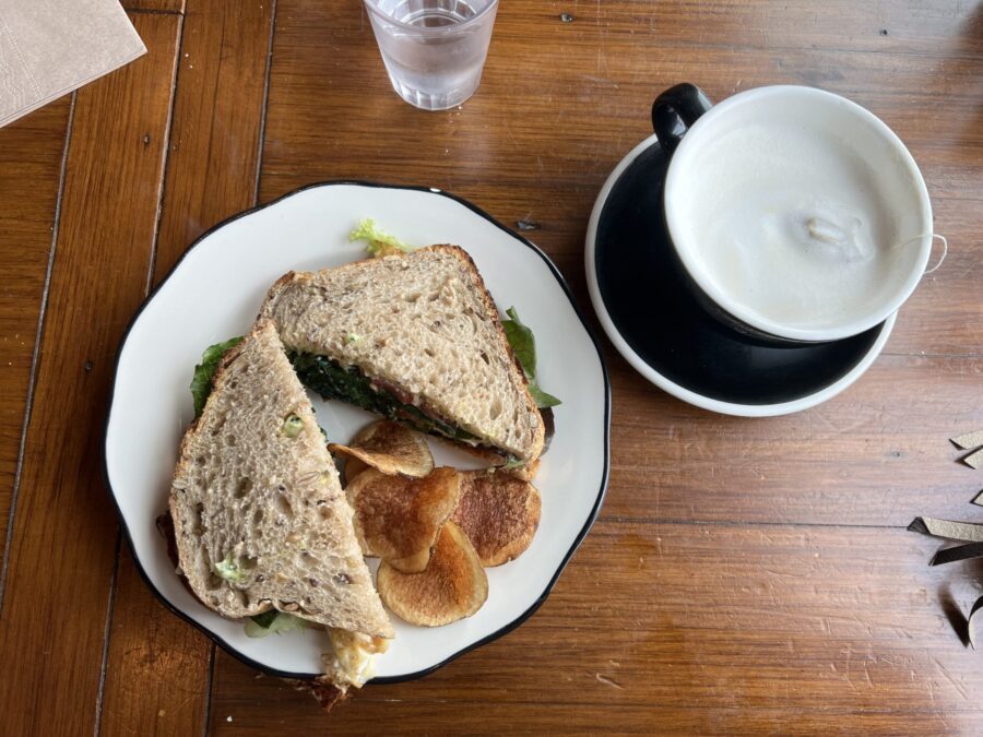 A sandwich on sourdough from Terra Firma's and london fog. 