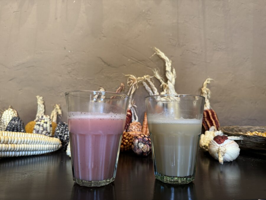 Glasses of Chicha de Jora and Frutillada, classic peruvian drinks, positioned in front of some dried corn.