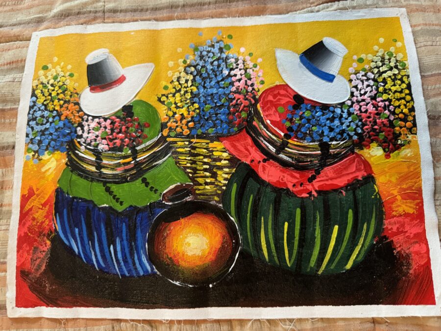 A painting of two Peruvian women with a basket of flowers and a yellow background