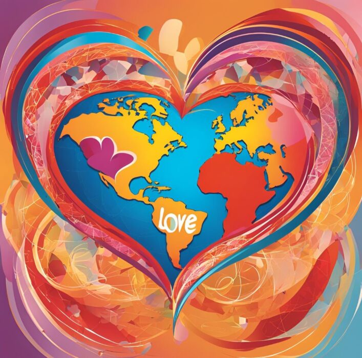 Colourful hearts around a map of the Earth representing a bilingual love poem.